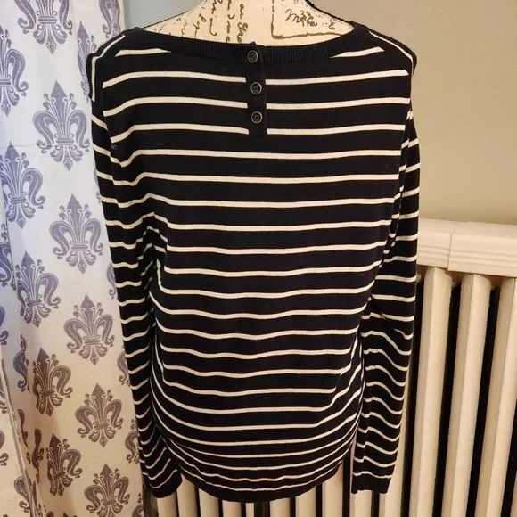 Talbots Smart Striped Corgi Sweater, Navy + White, Back Buttons, British, Sz M - Picture 3 of 9